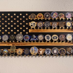 Blue Line Flag: Wooden Challenge Coin Display with 9mm brass casings, Police Officer Gift, Police Retirement Gift, Sheriff’s Deputy Gift