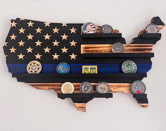 Challenge Coin Display: Engraved USA Flag, Thin Blue Line, Police Retirement Gift
