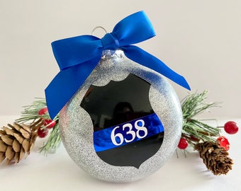 Custom Police Badge Christmas Ornament: Blue Chrome Vinyl