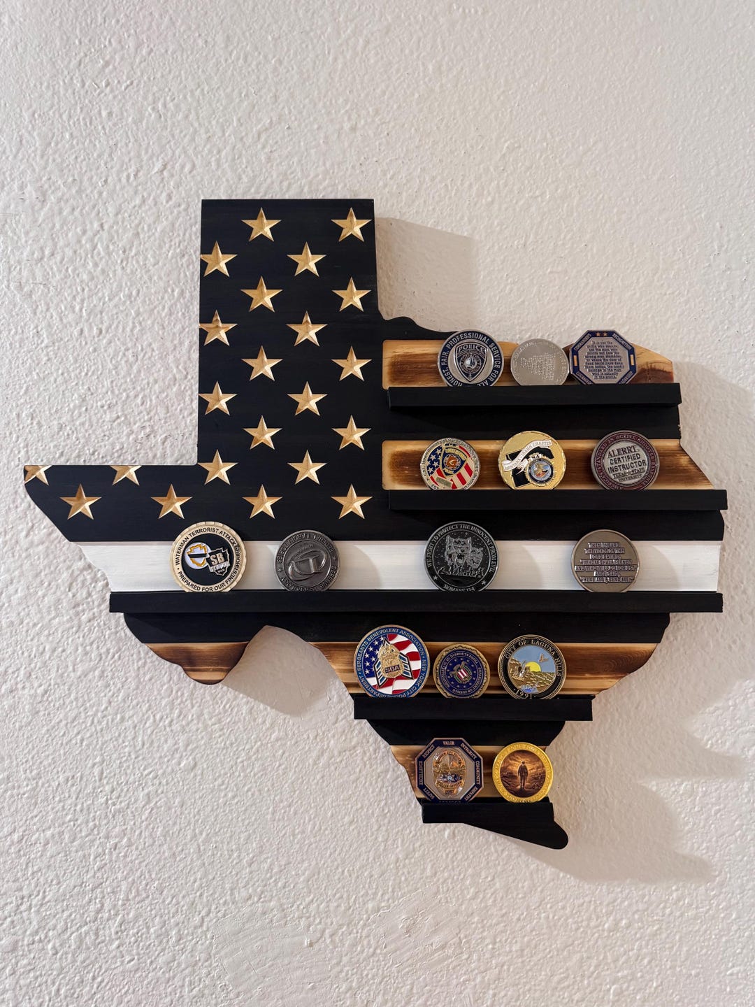 State Shaped Challenge Coin Display: Thin Blue Line Police Gift, Thin Red Line Gift, Milit