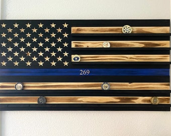 Blue Line Flag: Wooden Challenge Coin Display, Police Retirement Gift, Thin Blue Line Flag, Police Officer Gift, Sheriff’s Deputy Gift
