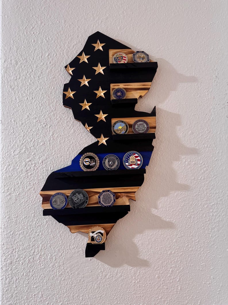 State Shaped Challenge Coin Display: Thin Blue Line Police Gift, Thin Red Line Gift, Military Gift, Thin Green Line Lift, Thin Yellow Line image 3