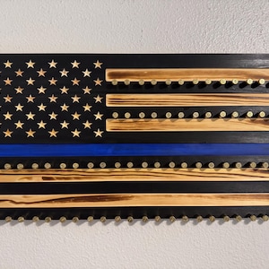Blue Line Flag, Wooden Challenge Coin Display with 9mm brass casings, Police Officer Gift, Police Retirement Gift, Sheriff’s Deputy Gift