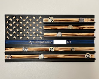 Thin blue line coin display, Blue line flag, Custom police flag, Challenge coin display, Retirement gift for Police Officer, Police gift