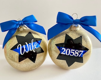 Custom Police Ornament Pair: Glitter Ornament with Blue Line