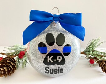Custom K-9 Christmas Ornament: Blue Line Paw Print, Police Dog Gift