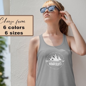 Wanderlust Women&#39;s Racerback Tank, Womens Summer Tops for Camping, Womens Summer Clothing, Mountain Tanks