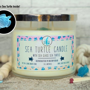 Sea Turtle Soy Candle with Sea Glass Sea Turtle - Beach Candle with Sea Turtle - Sea Turtle Gift