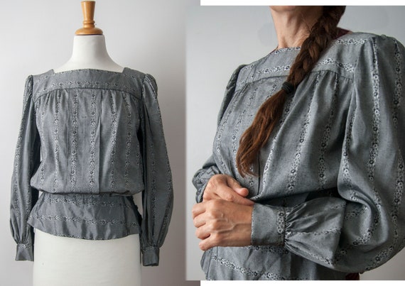 Grey Puff Sleeve Blouse, Victorian Blouse with Bal