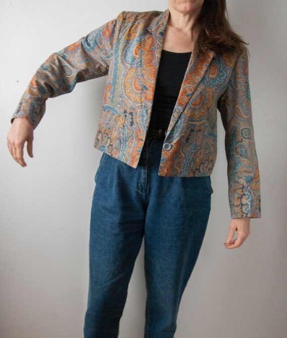Vintage Cropped Blazer, Paisley Cropped Jacket, 80