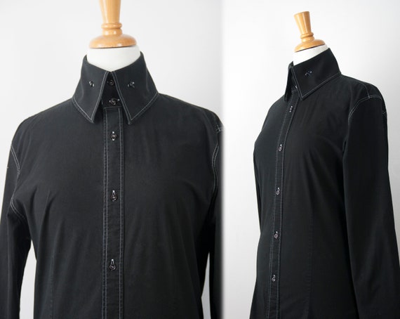 High Collar Long Sleeve Black Shirt, Formal Cotton