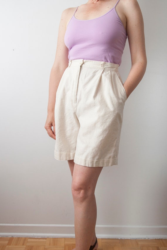 Off White Bermuda, High Waisted Linen Blend Shorts