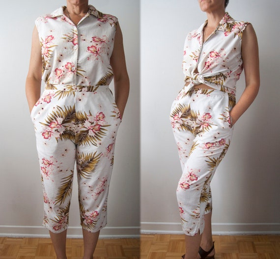 Capri Pants Two Piece Set , Linen Blend Tropical S