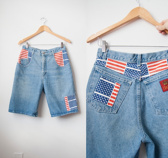 American Flag Patched Shorts, Vintage Patriotic De