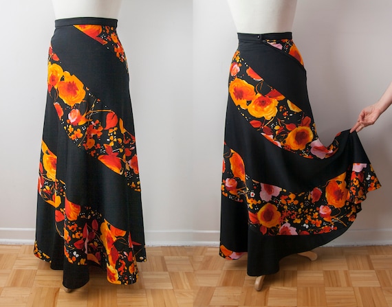 Black and Orange Floral Skirt, Hippie Floral Maxi