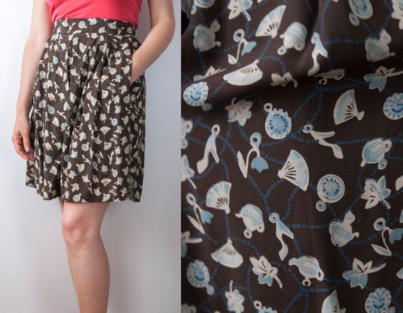 High Waisted Pleated Shorts, Novelty Print Shorts