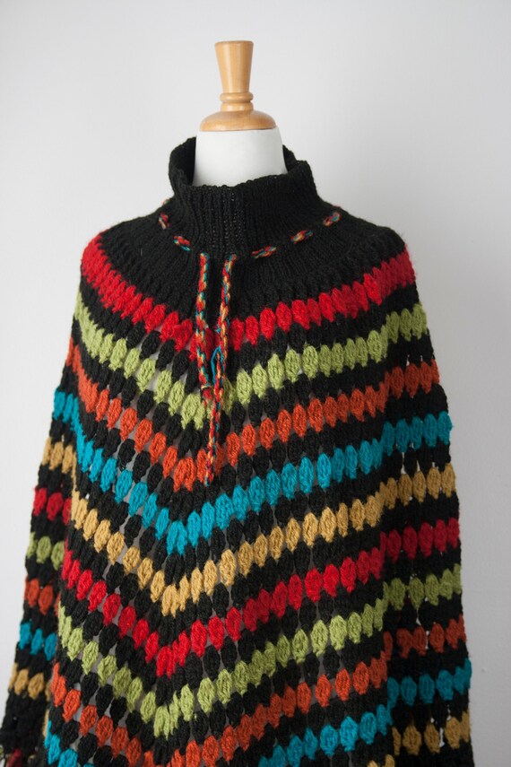 70s Poncho, Vintage Multi Color Knit Poncho, Boho