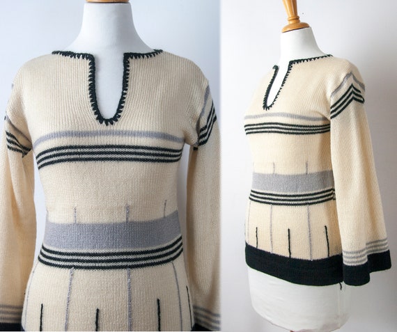 70s Stripped Sweater with Bell Sleeves, Size M