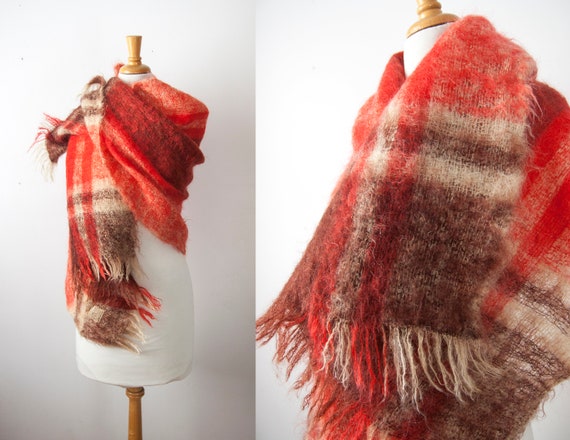 Mohair Plaid Blanket Scarf, Tartan Wool Scarf