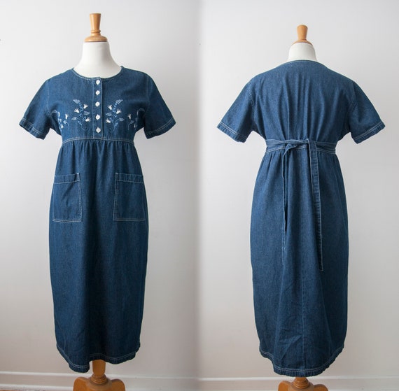 Embroidered Denim Dress, Dark Denim dress with Tul