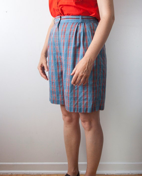 High Waisted Pleated Shorts, Plaid Bermuda Shorts