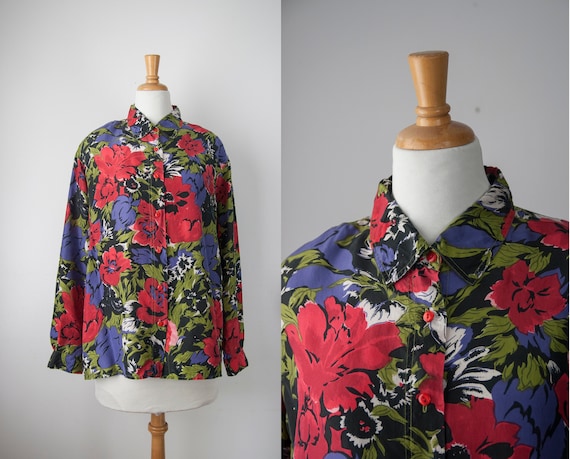 Vintage Floral Silk Blouse | Black and Red Vintag