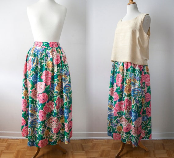 Maxi Floral Skirt, Linen Blend Pleated Skirt