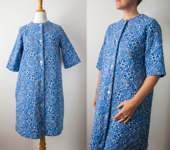 60s Blue House Robe, Bandana Quilted House Dress