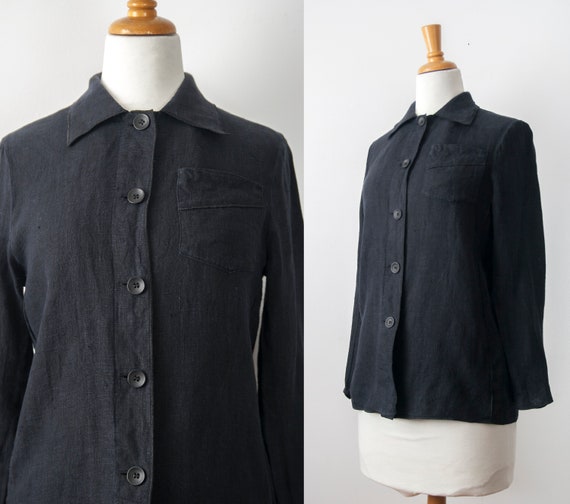 Black Linen Button Down Shirt, Black Linen Blouse
