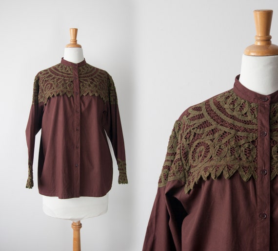High Collar Burgundy Blouse with Lace Inserts, Vic