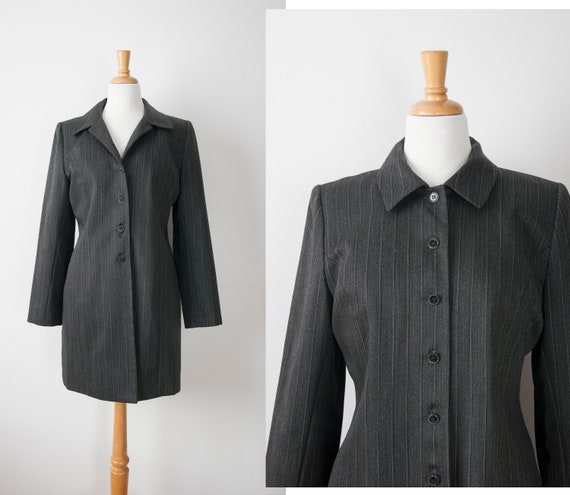 Charcoal Pinstripes Wool Vintage Blazer | 90s Long