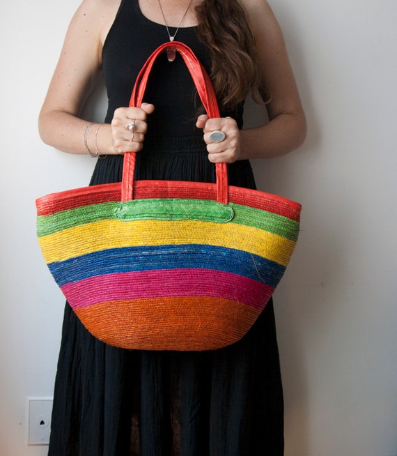 Rainbow Straw Bag, Multicolor Basket Shoulder Bag,