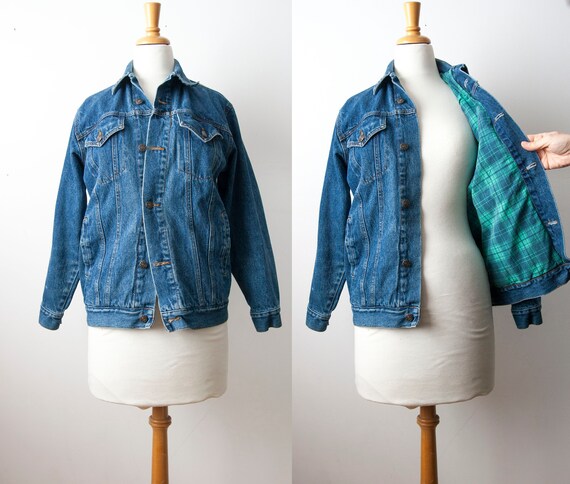 Vintage Lined Trucker Jean Jacket, 90s Cropped Plaid Lined Denim