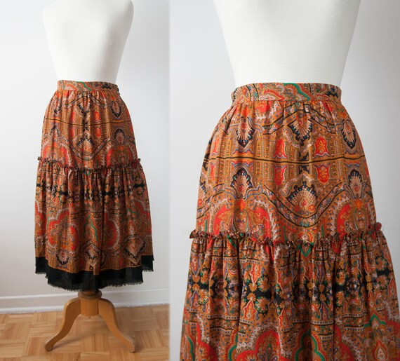 Boho Tiered Skirt, Paisley Ruffled Skirt, Waist 29