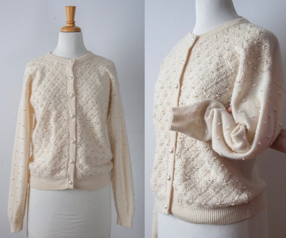 Lambswool Beaded Cardigan, Embellished Cream Wool
