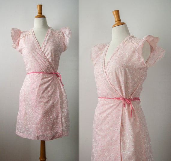 Pink Floral Nightgown, Wrap Dress with Lace Cap Sl