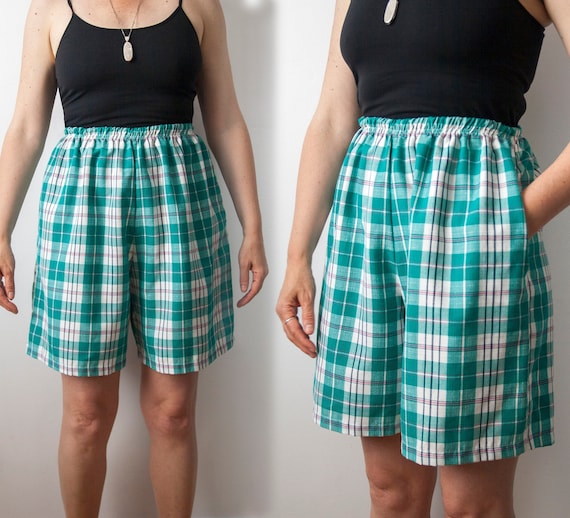 High Waisted Plaid Shorts, Elastic Waist 90s Short