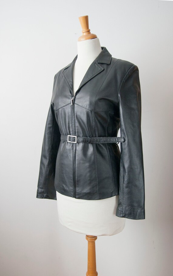 90s Black Patched Long Sleeve Zip-Up Jacket with Tie By Leather Works