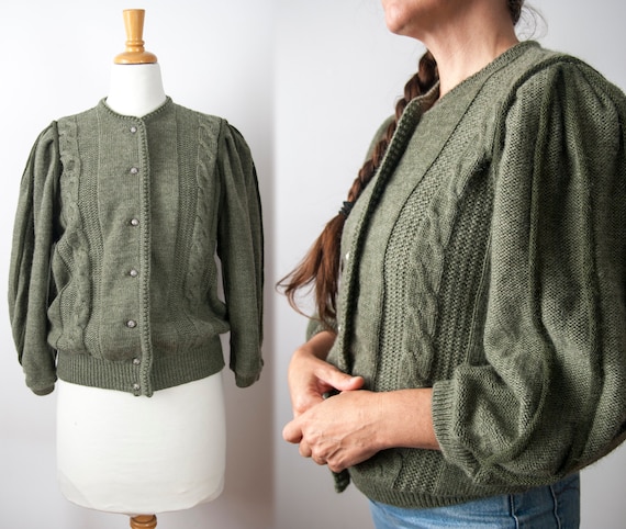 Olive Green Cable Knit Puff Sleeve Wool Cardigan