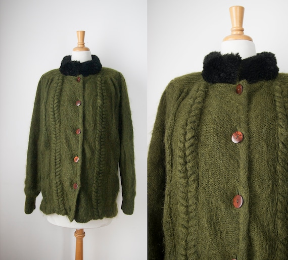 Mohair Blend Vintage Sweater Coat, Khaki Button up