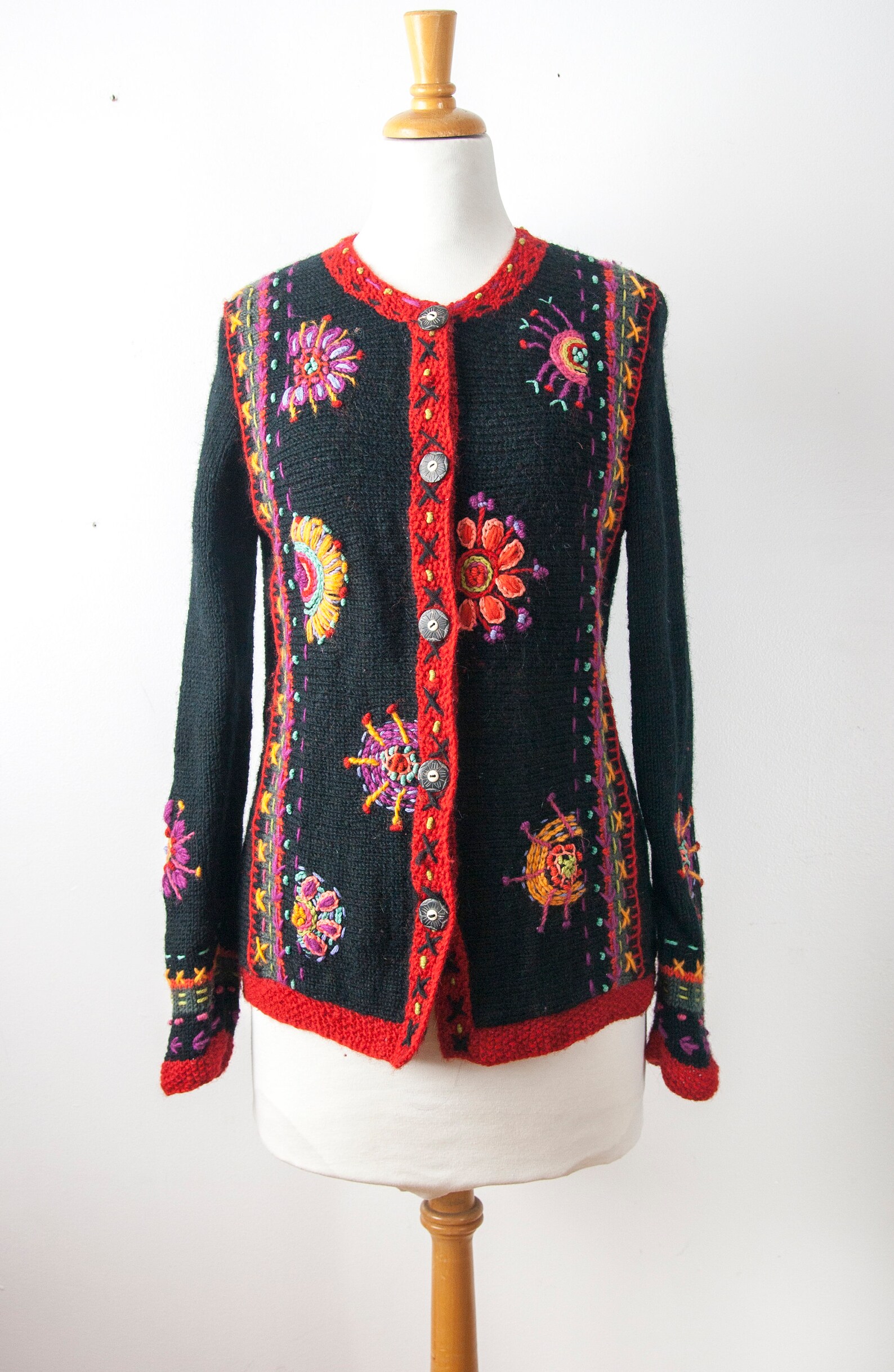 Embroidered Black Wool Cardigan Floral Hand Knit Wool Etsy