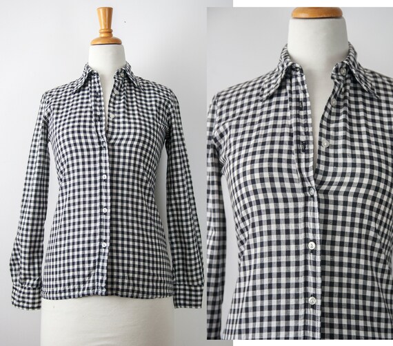 70s Black Gingham Shirt with Pointy Collar