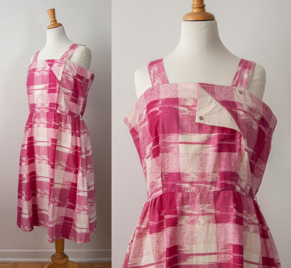 Fushia Plaid Strapy Dress, Pink Plaid Summer Dress