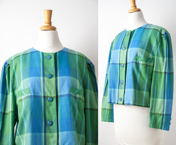 Vintage Blue Green Plaid Cropped Blazer Puff Sleeve Cotton | Etsy Canada