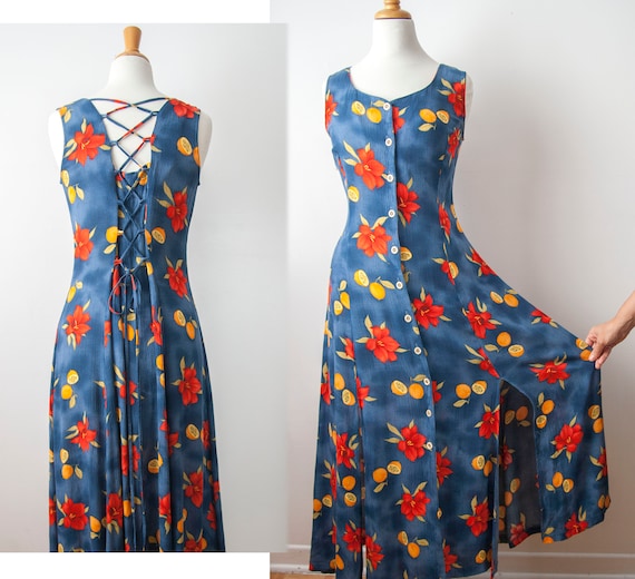 Lace Up Summer Dress, Hawaiian Sleeveless Maxi Dre