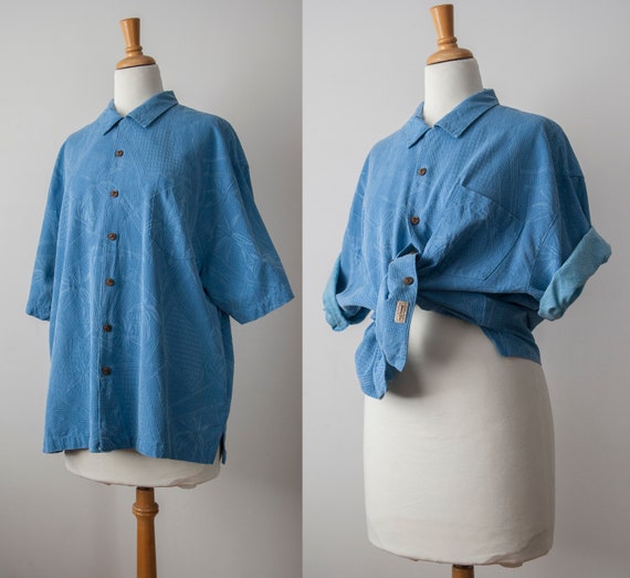 Blue Jacquard Silk Shirt, Vintage Hawaiian Oversiz