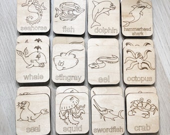 Havsdjurstema - Memoryspel - Trämatchningsspel - Matcha pedagogiskt spel - Träpussel - Montessori - Öppen lek - Lärande