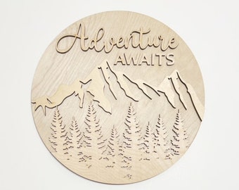 Adventure Awaits Mountains Trees Forest Climbing Vacation Door Hanger-Laser Wood DIY Project-Multi Layered