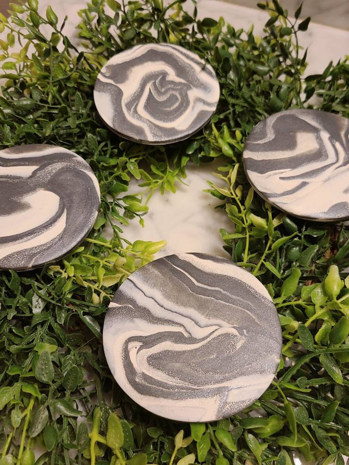 Polymer Clay Coasters Set of 4 White Charcoal Silver Etsy