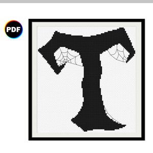 Padrão de ponto cruz da letra T assustadora, design de Halloween, monograma T, decoração de teia de aranha, alfabeto assustador, arte Spooktober, download digital, pdf
